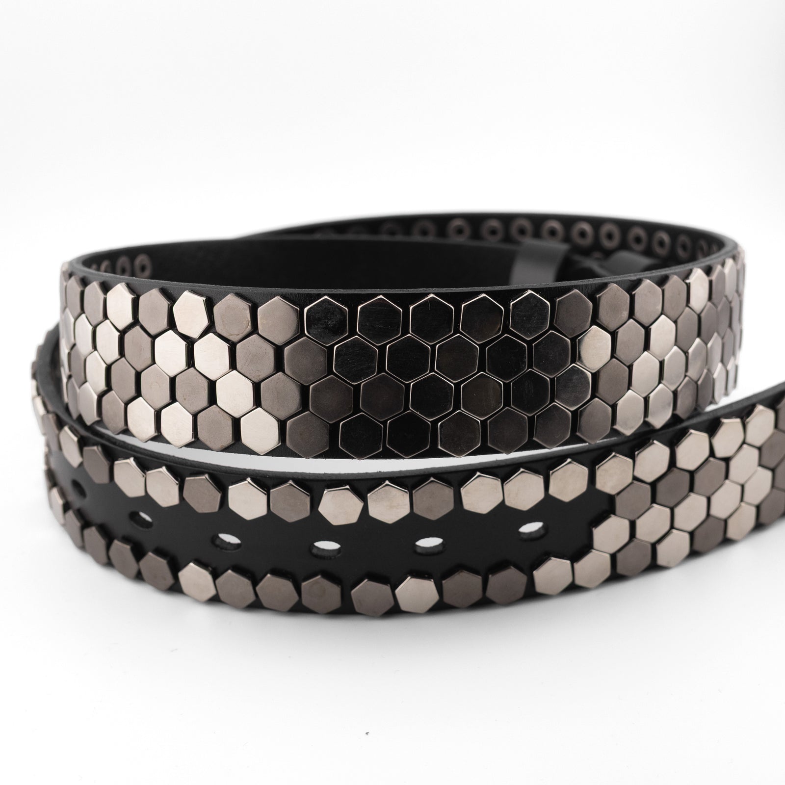 Hexagon Studded Black Leather Belt
