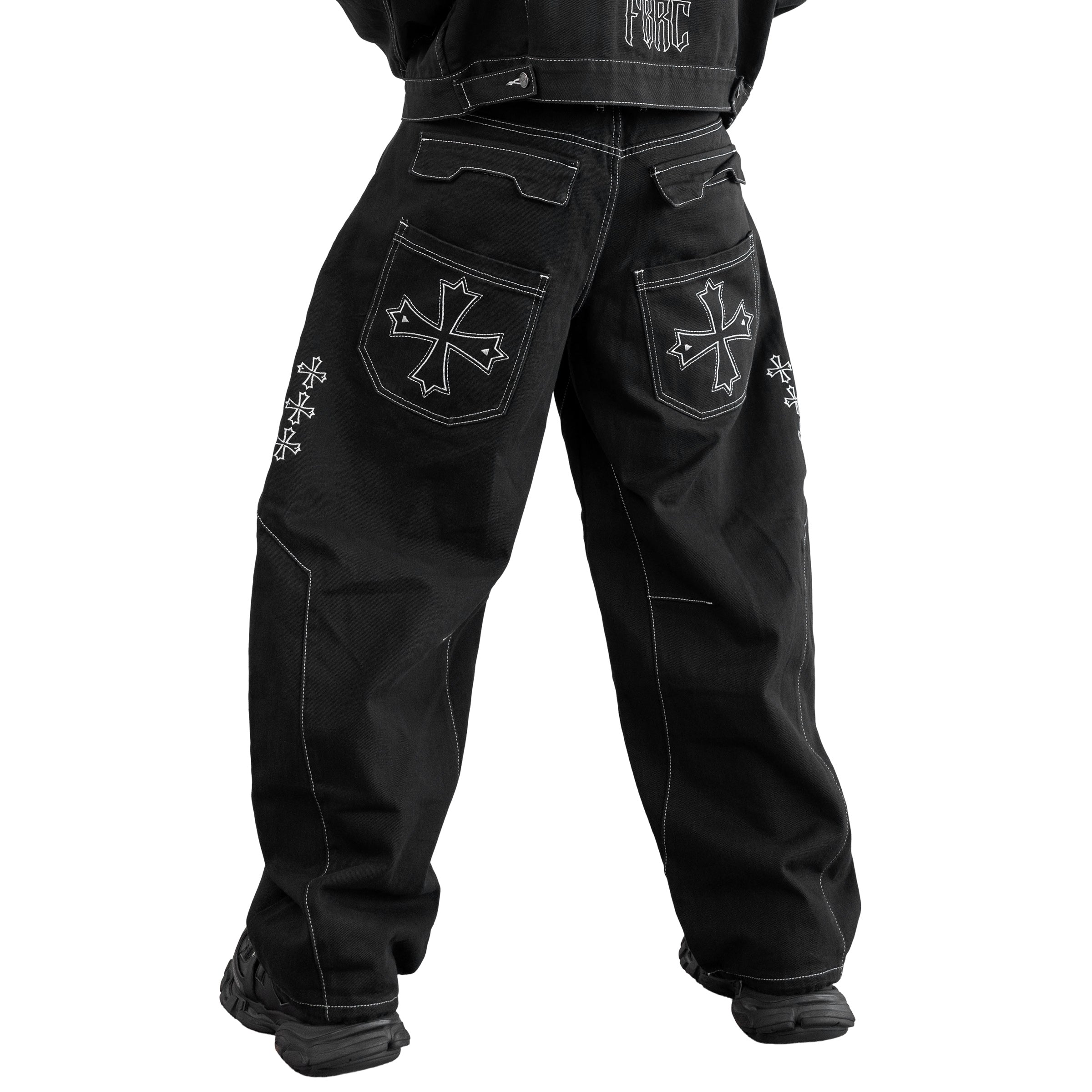 BRE-Cross Black Barrel Denim Pants - Fabric of the Universe