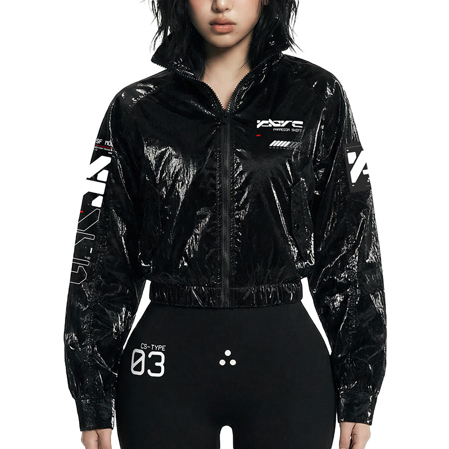 SWB-052 Black Chrome Crop Windbreaker - Fabric of the Universe