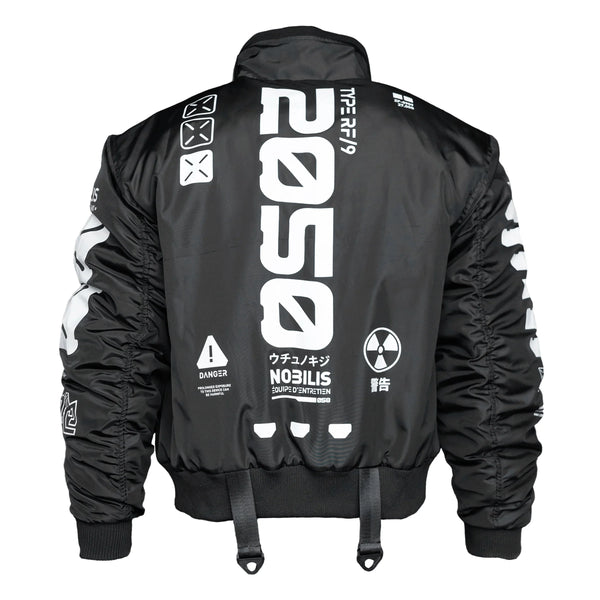 Y-2050 Black Short Bomber Jacket - Fabric of the Universe
