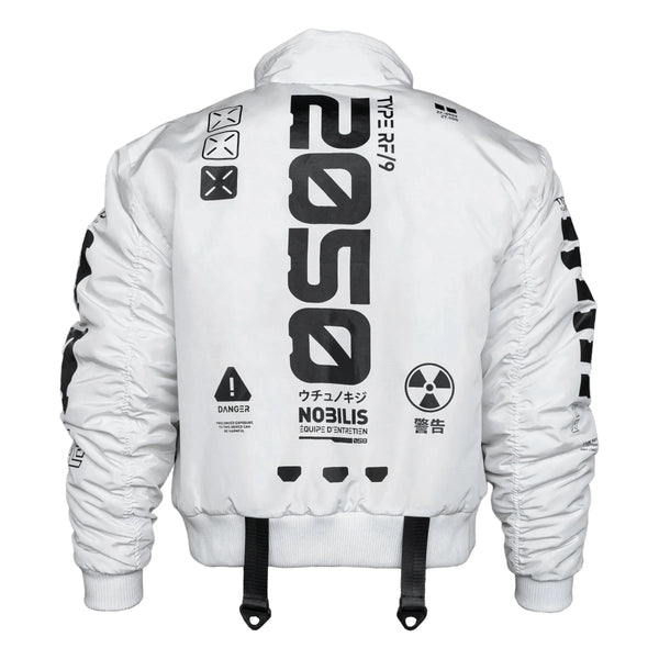 Y-2050 White Short Bomber Jacket - Fabric of the Universe